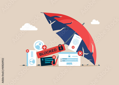 Broken  ID card Hacker Cyber Attack censorship under a broken umbrella. Breach concept, stealing. Flat vector illustration