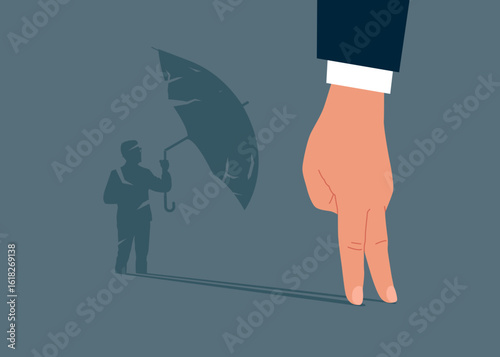 Arm standing with shadow man hand holding broken umbrella protects against risk. Modern vector illustration in flat style