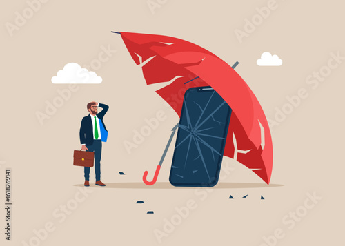 Broken smartphone under a broken umbrella. Password breach concept, data stealing. Fail to success, aspiration and effort to invent new innovation, learn from mistake. Flat vector illustration