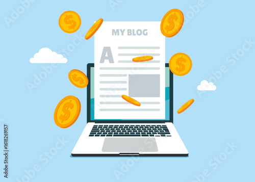 Money coins fall from the sky. Make money from online, monetize content, get income or earning from affiliate links. Flat vector illustration