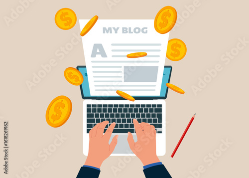 Money coins fall from the sky. Top view of man working using laptop.  Make money from online, monetize content, get income or earning from affiliate links. Flat vector illustration