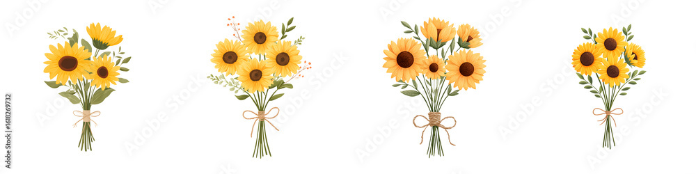 Fototapeta premium Set of Watercolor Sunflower Bouquets Isolated on White Background