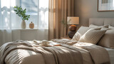 A modern bedroom with soft morning sunlight streaming through sheer curtains, a cup of coffee and a book on the bedside table