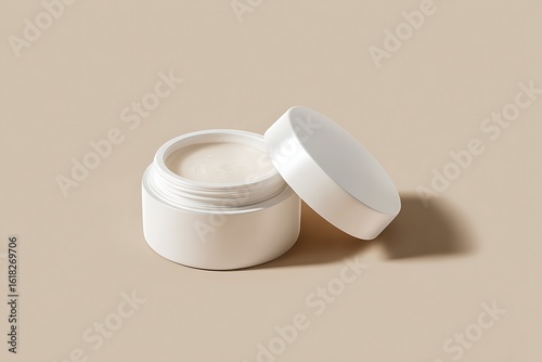Elegant white cosmetic jar with creamy texture, perfect for skincare product mockups and beauty branding.