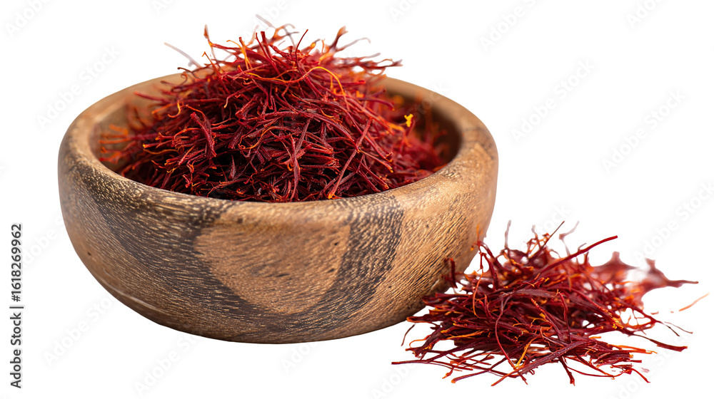 Fototapeta premium Aromatic Saffron Strands in Wooden Dish – Luxurious Culinary Ingredient