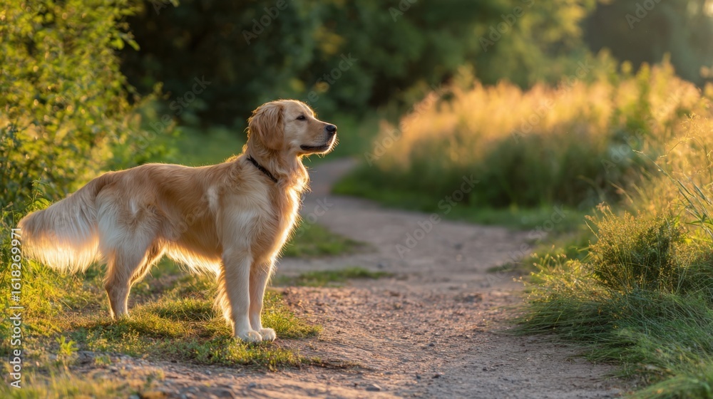 Golden retriever standing on a sunny park path with a warm glow and blurred green background. Golden retriever standing on a sunny park path with a warm glow and blurred green background.