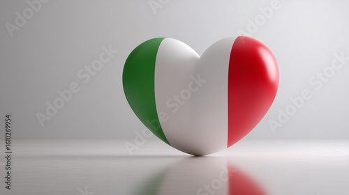 A 3D heart with Italy flag colors (green, white, red), standing on a reflective floor, isolated on a pure white background.