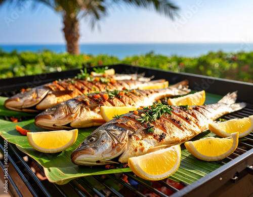 Traditional Bahraini fish grilled outdoors on banana leaves with lemon wedges and garnished with mixed herbs.