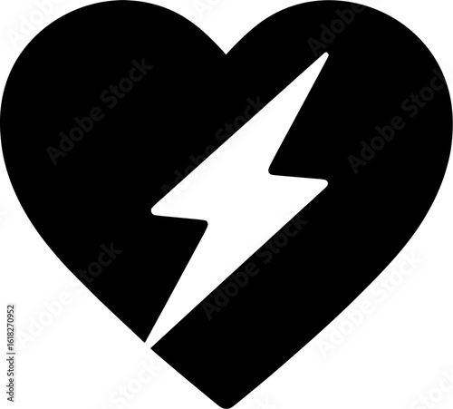 Heartbreak Icon Vector, Broken Heart with Lightning Bolt Symbol, Emotional Pain, Love Failure, Relationship Sadness, Flat Black Emotional Distress Icon for Feelings and Mental Health Concept