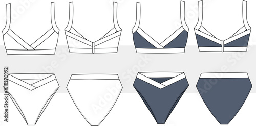 Bikini fashion technical drawing, illustration. Swimsuit technical fashion vector. Front and back view. Swimwear CAD,  mockup set.