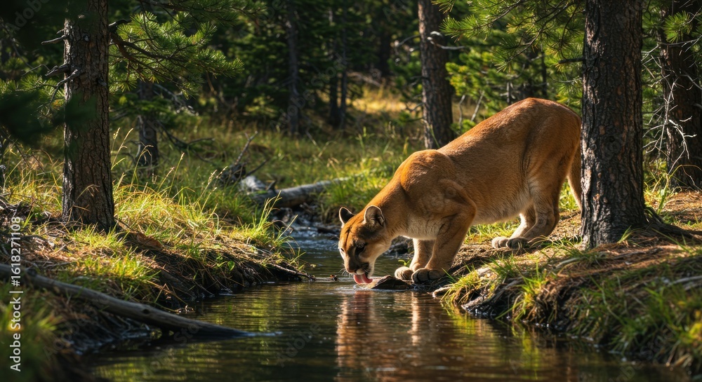 Fototapeta premium Mountain lion drinking from shallow creek in sunlit forest, surrounded by trees and green foliage
