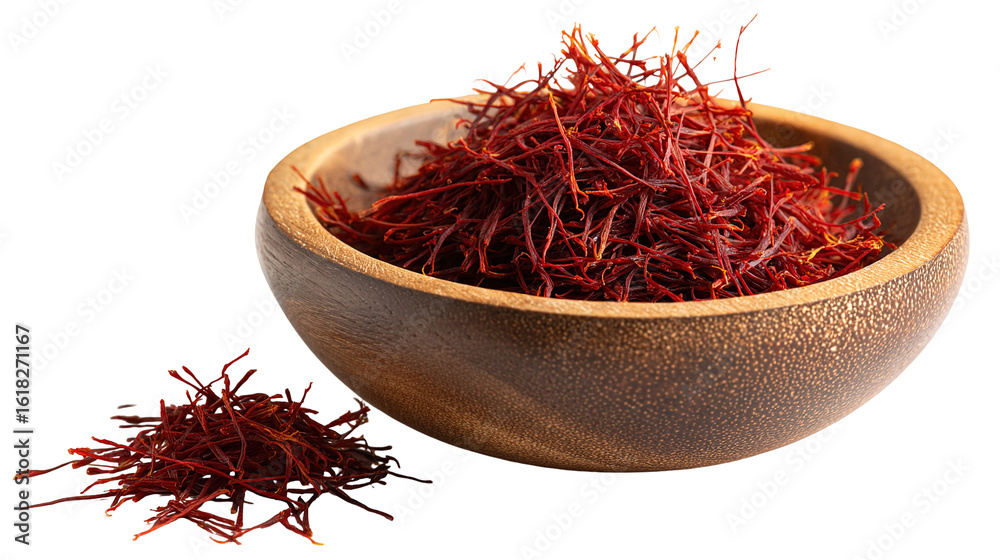 Fototapeta premium Aromatic Saffron Strands in Wooden Dish – Luxurious Culinary Ingredient