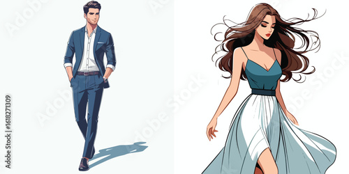 vector image of a man and a woman walking