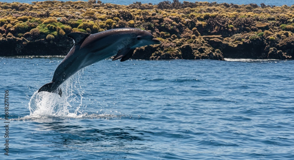 Naklejka premium A dolphin leaps majestically from the blue ocean, its sleek body arching gracefully against the backdrop of a rocky, textured coastline