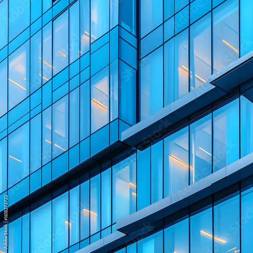 Modern office building exterior with blue windows  sleek glass design  sharp reflections.