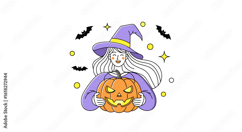 Fototapeta premium Cheerful Young Witch Holding a Carved Pumpkin Surrounded by Halloween Icons like Bats and Stars, Perfect for Spooky Seasonal Decorations, Events, and Halloween Festivities