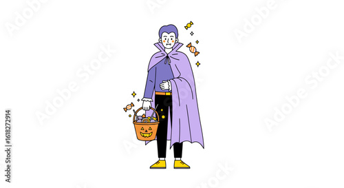 Cheerful Young Boy Dressed as a Halloween Vampire, Holding a Pumpkin Candy Bucket Filled with Colorful Treats, Surrounded by Sparkling Stars and Halloween Decorations, Perfect for Festive Celebrations