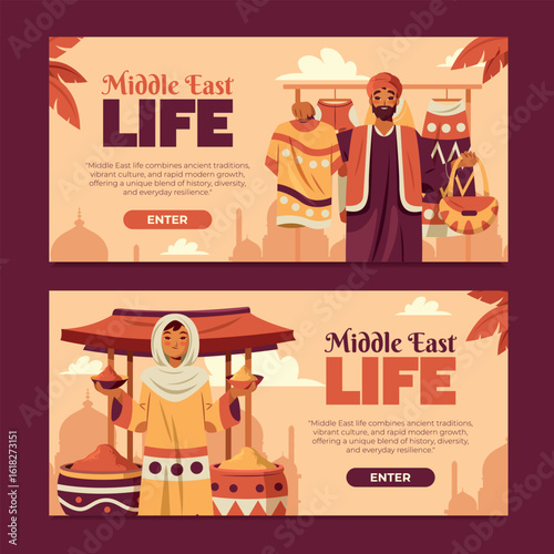 Flat Illustration of Middle East Life and Market Horizontal Banner Set