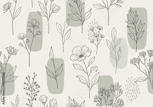 Seamless pattern with hand-drawn botanical line art, floral buds, and abstract silhouettes in charcoal and moss gray on light neutral background, elegant vector for upscale textiles and decor 