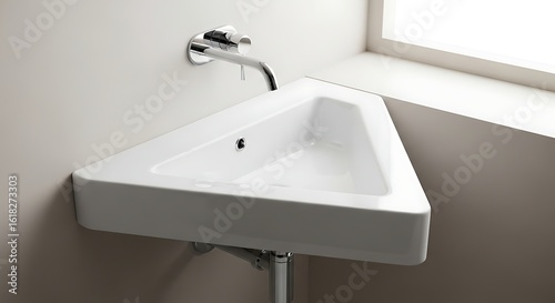 Modern minimalist bathroom corner sink with chrome faucet in a bright setting