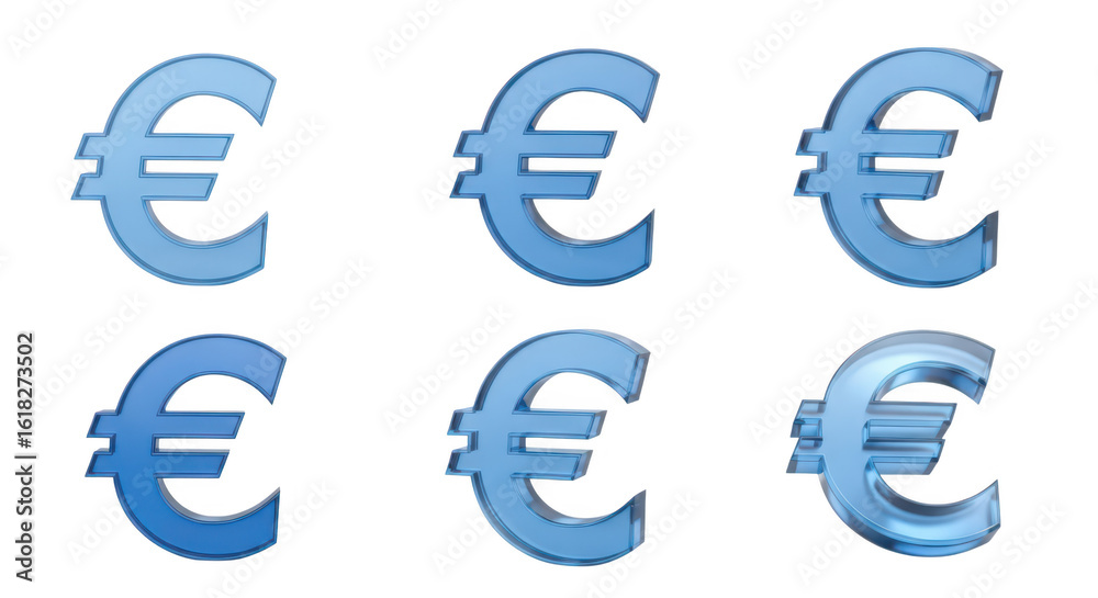 Six 3D blue euro symbols rendered on a white background representing finance economy and currency options Six 3D blue euro symbols rendered on a white background representing finance economy and currency options