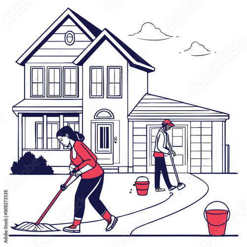 Real estate property cleaning house in bold outline
