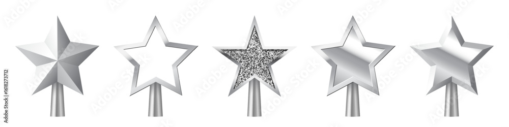 Obraz premium Christmas silver tree topper set vector illustration. Realistic 3D silver star decoration in deco style. Decorative traditional top of Xmas pine tree in winter season isolated on transparent.