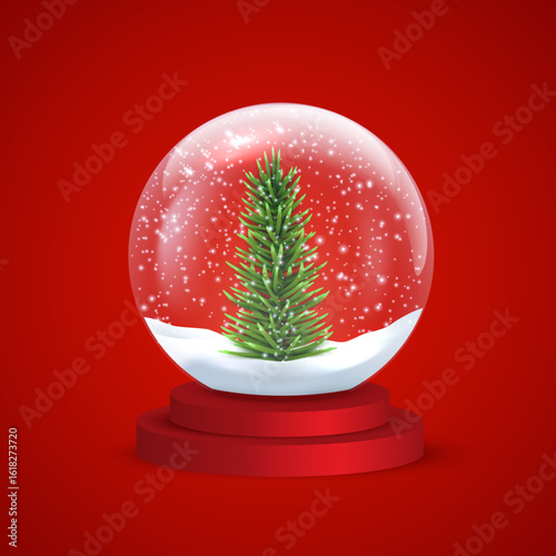 Snow globe template vector illustration. Glass snowball with snow, snowflakes and Christmas tree on red base. Xmas and New Year design element on red background.