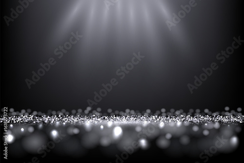 Silver glitter background with sparkles. Shiny metallic particles, glowing light beams, and bokeh effects on dark backdrop. Luxury festive scene for celebration, holiday, award design. Vector