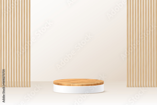 White round podium with wood cover isolated on light vertical wooden slat wall background. Minimal natural scene for product mockup, cosmetic display, or branding presentation. 3D vector illustration.