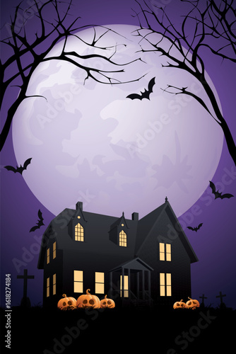 Silhouette haunted mansion on graveyard with dead tree, pumpkins, bats and full moon in halloween night vertical background graphic illustration.