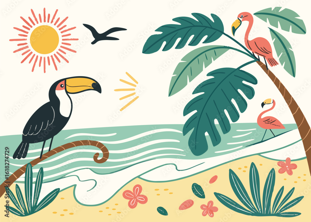 Fototapeta premium Exotic Beach Summer Collection: Hand-Drawn Toucan, Flamingo, Palm Tree, Sun, and Tropical Waves Illustration for Vacation and Nature Designs