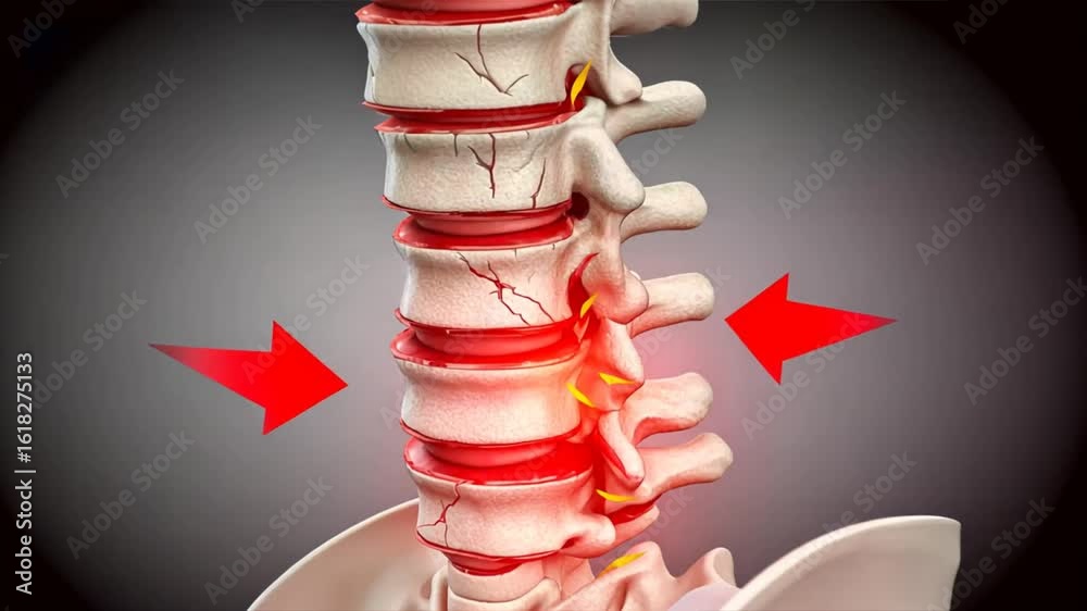 A herniated disc with red arrows indicating pain on a simple background ...
