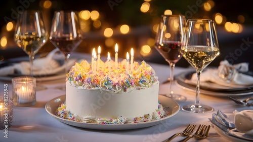 A beautifully decorated birthday cake with whipped cream frosting and rainbow sprinkles surrounded by lit candles sits on an elegant dinner table setting with wine glasses and a soft