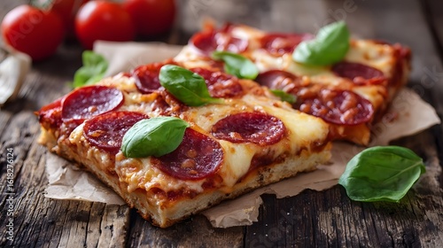 A square slice of delicious pepperoni pizza with melted cheese and fresh basil leaves served on a rustic wooden table in natural light