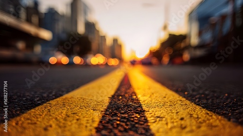 Perspective view of a yellow painted road line leading down a city street with a warm golden glow from the setting sun creating a soft blurred bokeh effect in the background