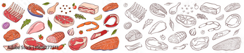 Meat and salmon fish big collection with steak, sausage, drumstick, bacon, fillet, vegetable, herb and spice in flat and line art style. Perfect for delivery logo, restaurant wallpaper and recipe book
