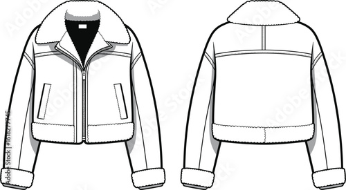 Cad drawing flat vector illustration of a stylish shearling collar winter jacket with zip front, pockets, and cozy cuffs design