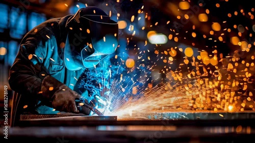 Dramatic close up of industrial welder working with bright sparks flying, wearing protective gear factory metalwork and welding workshop environment