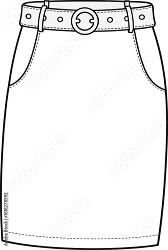 CAD drawing flat vector illustration of women’s pencil skirt with belt, fashion technical sketch, minimal front view clothing template