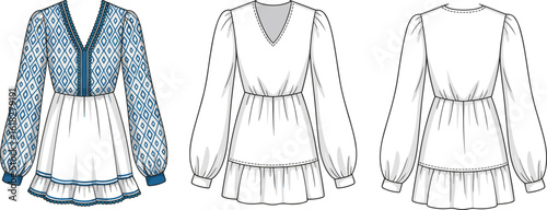Blouse CAD illustration, long sleeves with diamond pattern, ruffled hem, V-neckline, front and back fashion vector sketch, decorative trim detail