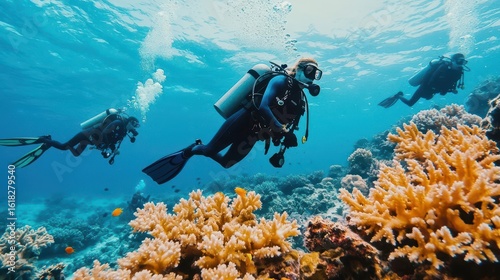 Wallpaper Mural Vibrant underwater coral reef with scuba divers exploring marine life, thrilling ocean adventure Torontodigital.ca