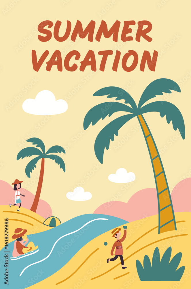 Fototapeta premium Summer vacation poster with palm trees, beach and vacationers enjoying summer