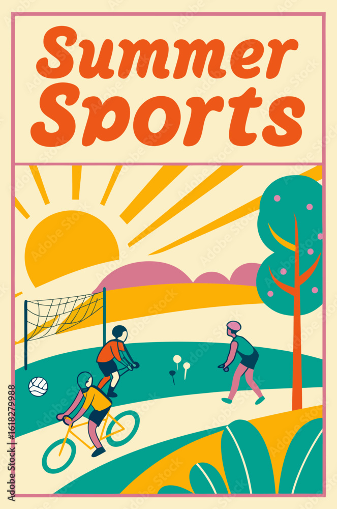 Fototapeta premium Summer sports illustration, featuring diverse outdoor activities, engaging scene with dynamic composition and vibrant colors