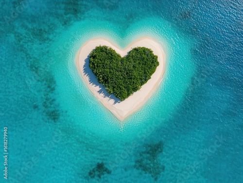Drone view of a heartshaped sandbank surrounded by deep blue ocean, romantic holiday destination