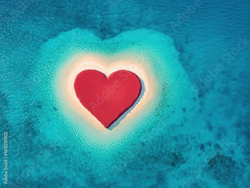 Drone view of a heartshaped sandbank surrounded by deep blue ocean, romantic holiday destination