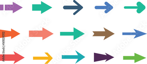 Colorful arrows set . Arrow cursor vector icon. Bullet points arrow collection. Blue, orange, green, yellow colors. Vector design element. Vector illustration.