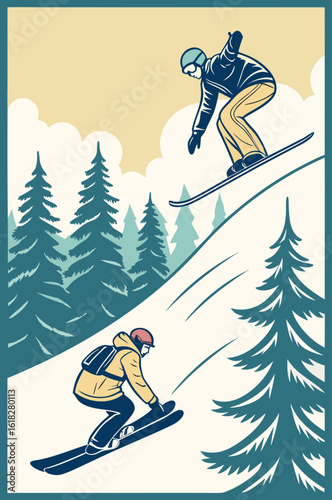 Skiers enjoying snowboarding and skiing in the snowy mountains