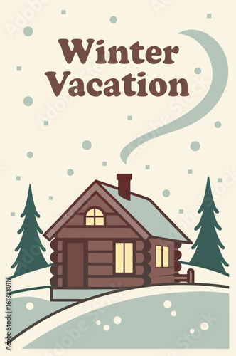 Cozy winter cabin scene, winter vacation illustration
