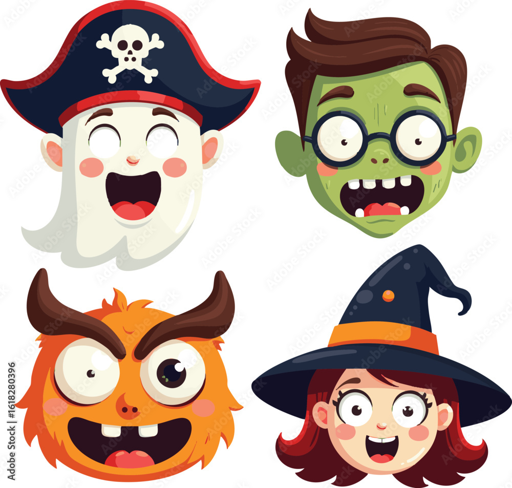Fototapeta premium A fun cartoon Halloween character set featuring a collection of whimsical animal and monster designs, including an owl, cat, dog, ghost, and pumpkin, all in festive costumes and hats